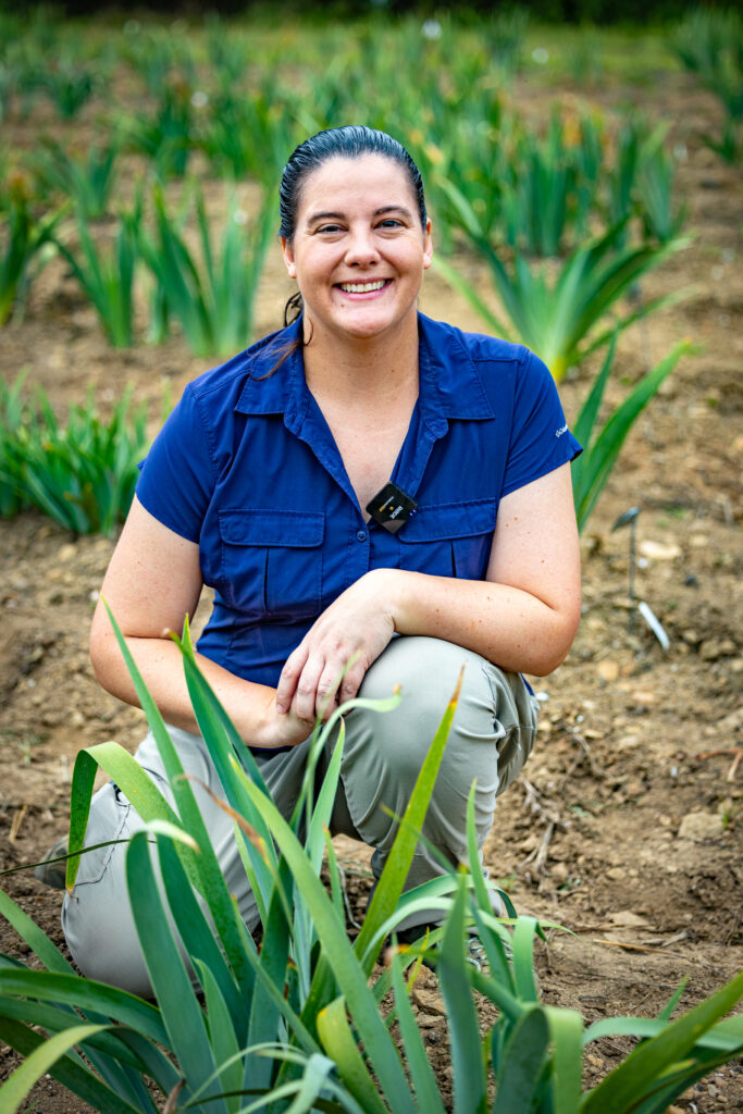 A woman kneeling behind plants growing in a garden.